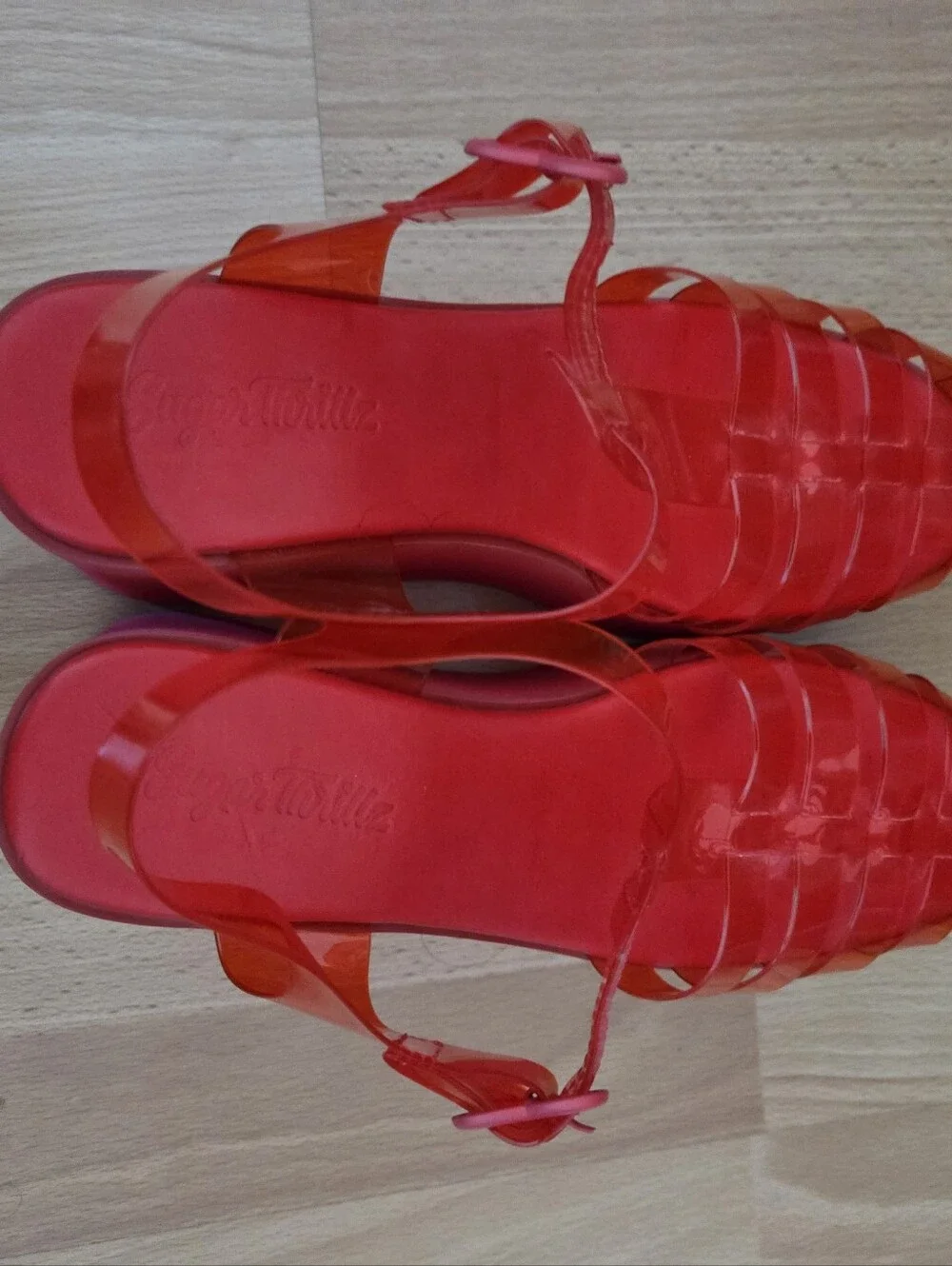 Sugar Thrillz Cherry Red Platform Jelly Sandals with Heart Buckle Rave Y2K 7